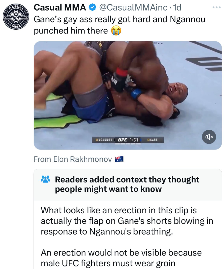 screenshot - Car Casual Mma . 1d Gane's gay ass really got hard and Ngannou punched him there Case Ufc A From Elon Rakhmonov Readers added context they thought people might want to know What looks an erection in this clip is actually the flap on Gane's sh